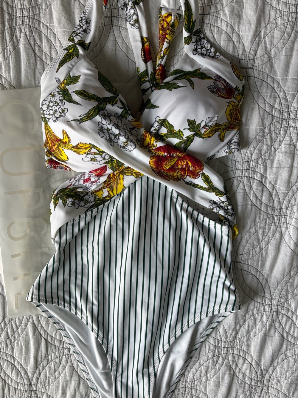 Floral & Stripe One-Piece Swimsuit — White, Yellow, Green, Red